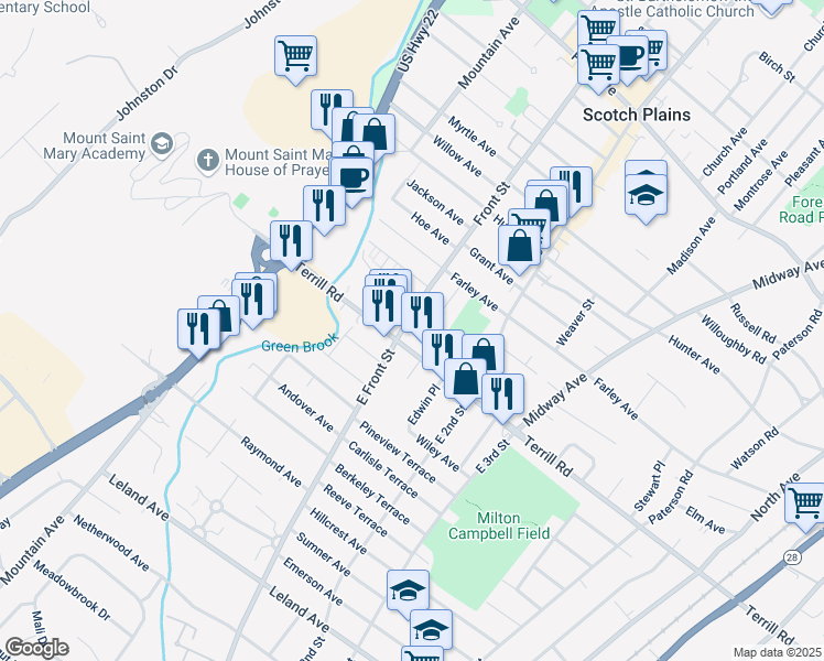 map of restaurants, bars, coffee shops, grocery stores, and more near in Plainfield