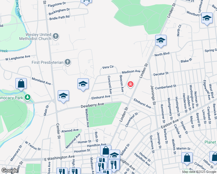 map of restaurants, bars, coffee shops, grocery stores, and more near 493 Forrest Avenue in Bethlehem