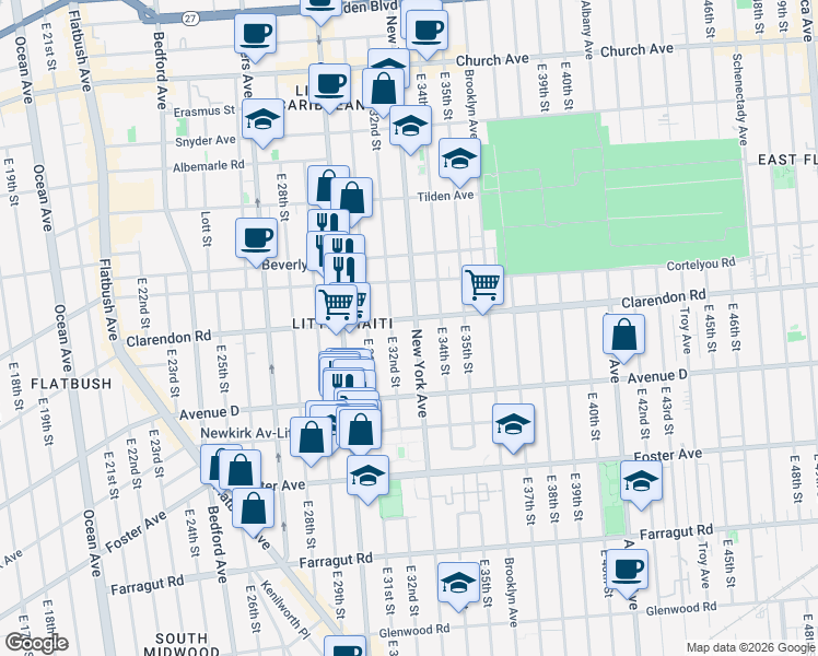 map of restaurants, bars, coffee shops, grocery stores, and more near 1245 New York Avenue in Brooklyn