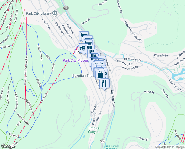 map of restaurants, bars, coffee shops, grocery stores, and more near 421 Park Avenue in Park City