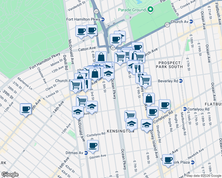 map of restaurants, bars, coffee shops, grocery stores, and more near 260 Ocean Parkway in Brooklyn