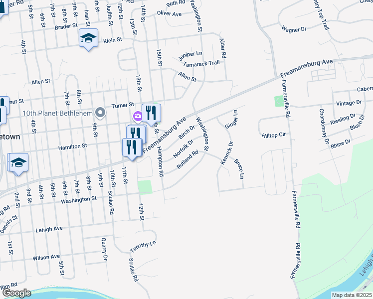 map of restaurants, bars, coffee shops, grocery stores, and more near 3944 Norfolk Drive in Bethlehem