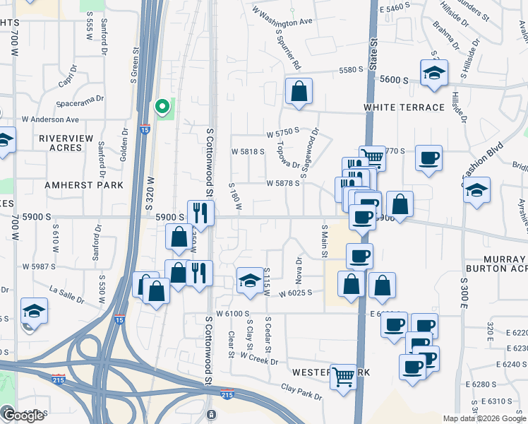 map of restaurants, bars, coffee shops, grocery stores, and more near 143 West 5900 South in Murray