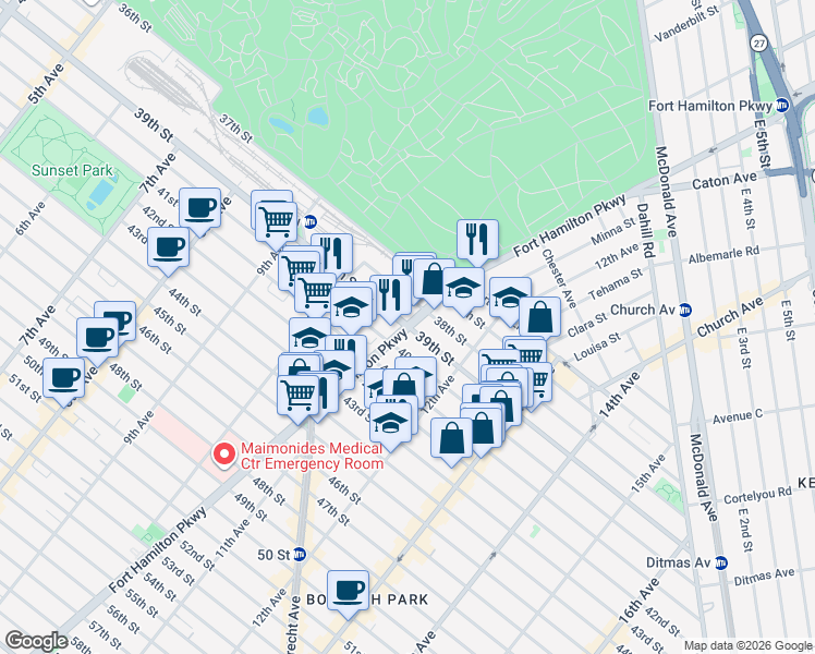 map of restaurants, bars, coffee shops, grocery stores, and more near Fort Hamilton Pkwy & 39th St in Brooklyn
