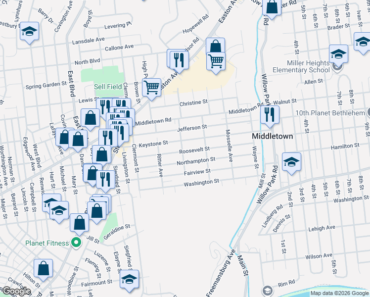 map of restaurants, bars, coffee shops, grocery stores, and more near 2843 Northampton Street in Bethlehem