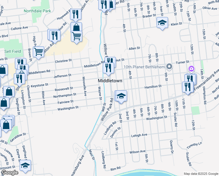 map of restaurants, bars, coffee shops, grocery stores, and more near 1931 Willow Park Road in Bethlehem