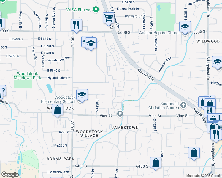 map of restaurants, bars, coffee shops, grocery stores, and more near 1456 East 5935 South in Salt Lake City