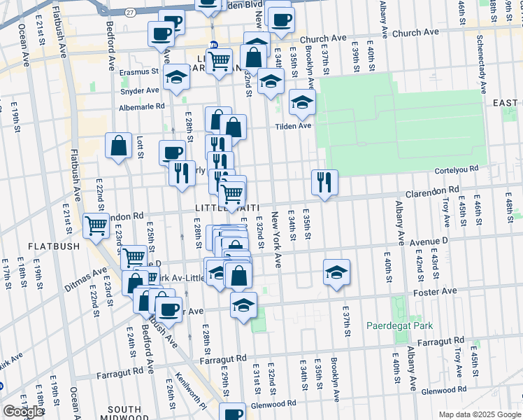 map of restaurants, bars, coffee shops, grocery stores, and more near 3202 Clarendon Road in Brooklyn