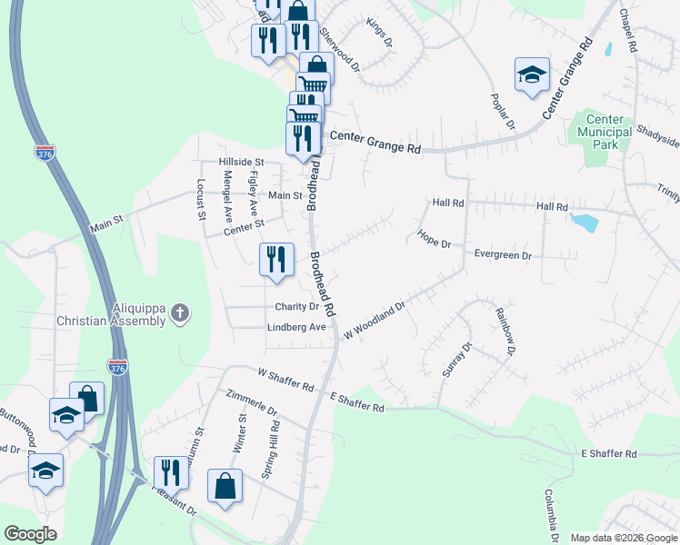 map of restaurants, bars, coffee shops, grocery stores, and more near 3348 Brodhead Road in Aliquippa