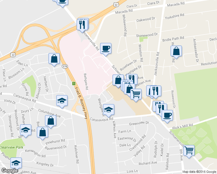 map of restaurants, bars, coffee shops, grocery stores, and more near 2120 Westgate Drive in Bethlehem