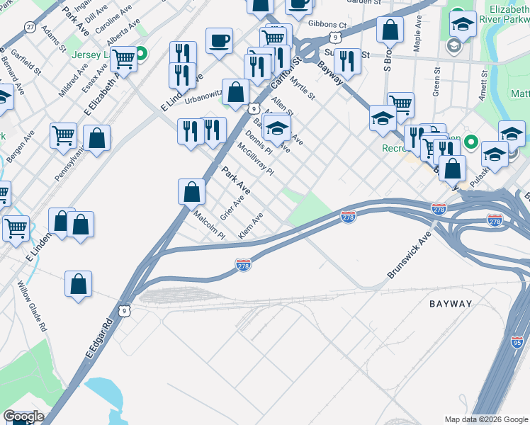 map of restaurants, bars, coffee shops, grocery stores, and more near 1982 Klem Avenue in Linden