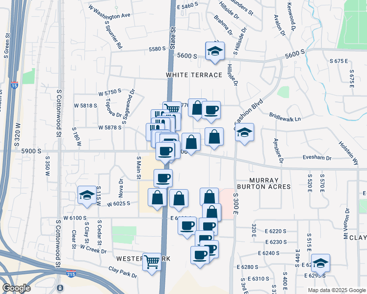 map of restaurants, bars, coffee shops, grocery stores, and more near 140 East 5900 South in Murray