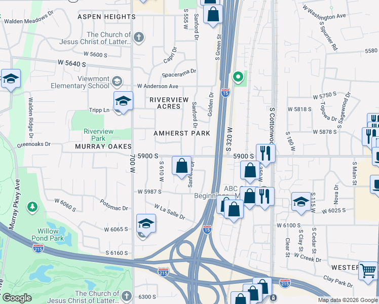 map of restaurants, bars, coffee shops, grocery stores, and more near 581 West 5900 South in Murray