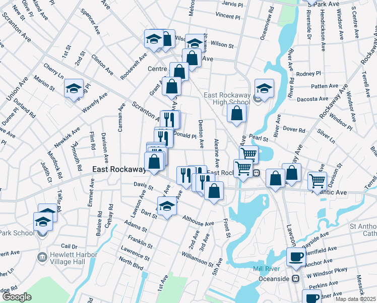 map of restaurants, bars, coffee shops, grocery stores, and more near 16 Rhame Avenue in East Rockaway