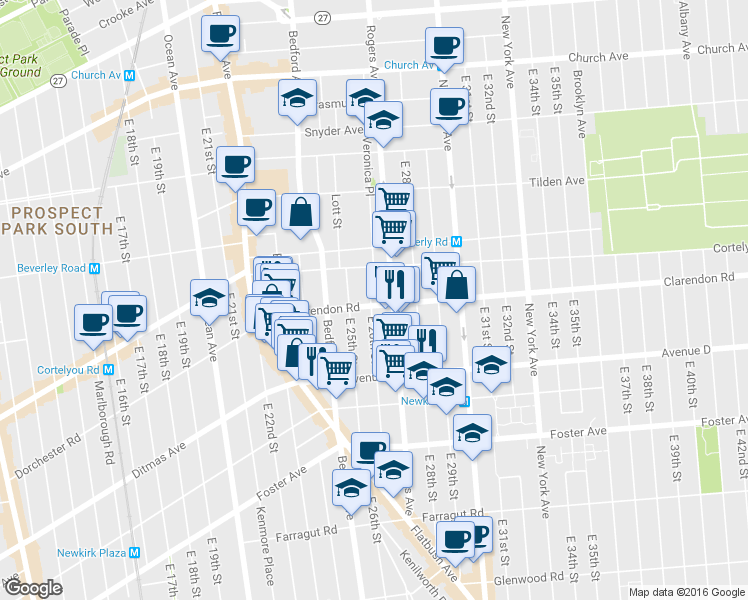 map of restaurants, bars, coffee shops, grocery stores, and more near 2601 Clarendon Road in Brooklyn