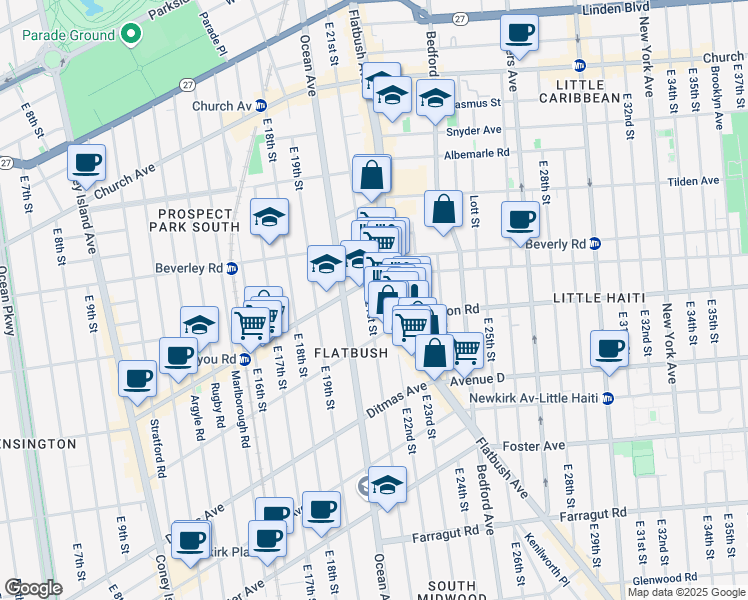 map of restaurants, bars, coffee shops, grocery stores, and more near 480 East 21st Street in Brooklyn