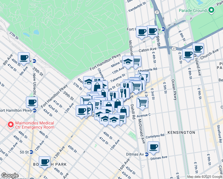 map of restaurants, bars, coffee shops, grocery stores, and more near 97 Louisa Street in Brooklyn