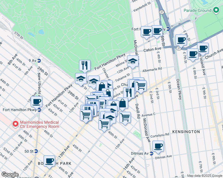 map of restaurants, bars, coffee shops, grocery stores, and more near 1275 36th Street in Brooklyn