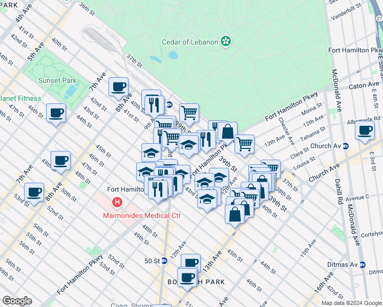 map of restaurants, bars, coffee shops, grocery stores, and more near 4002 Fort Hamilton Parkway in Brooklyn