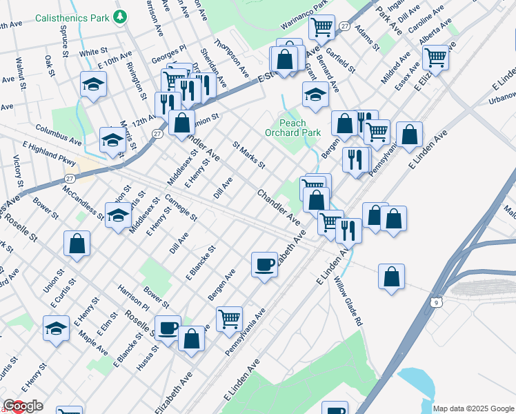 map of restaurants, bars, coffee shops, grocery stores, and more near 1101 Bergen Avenue in Linden