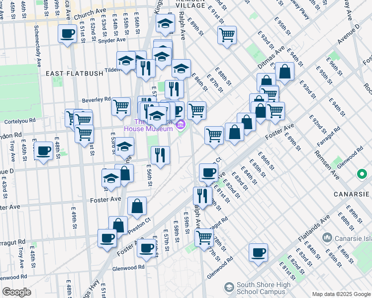 map of restaurants, bars, coffee shops, grocery stores, and more near 1414-1454 Ralph Avenue in Brooklyn