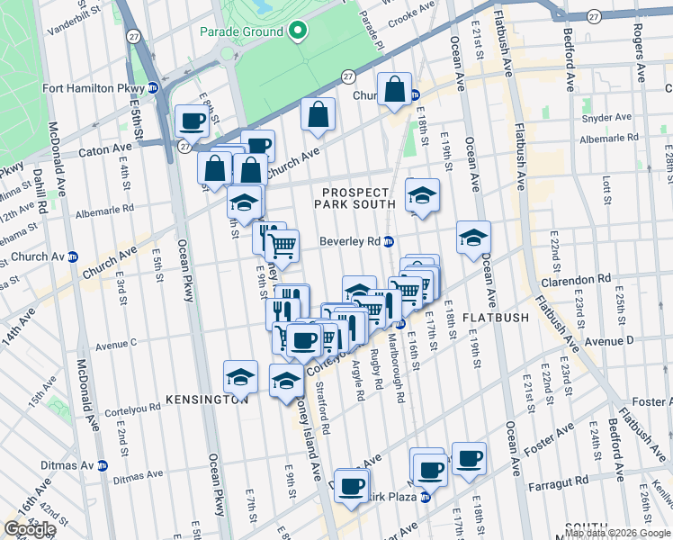 map of restaurants, bars, coffee shops, grocery stores, and more near 279 Argyle Road in Brooklyn
