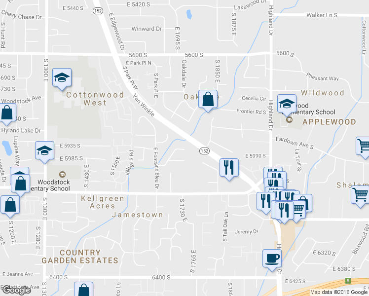 map of restaurants, bars, coffee shops, grocery stores, and more near 5976 Monte Carlo Drive in Salt Lake City