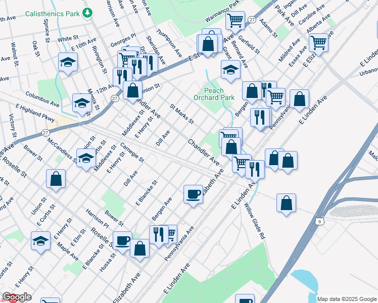 map of restaurants, bars, coffee shops, grocery stores, and more near 1101 Bergen Avenue in Linden