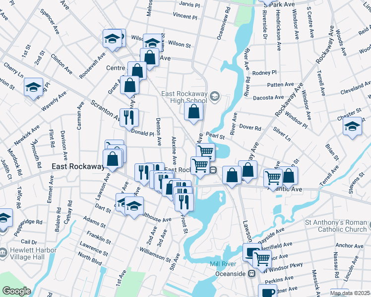 map of restaurants, bars, coffee shops, grocery stores, and more near 61 Phipps Avenue in East Rockaway