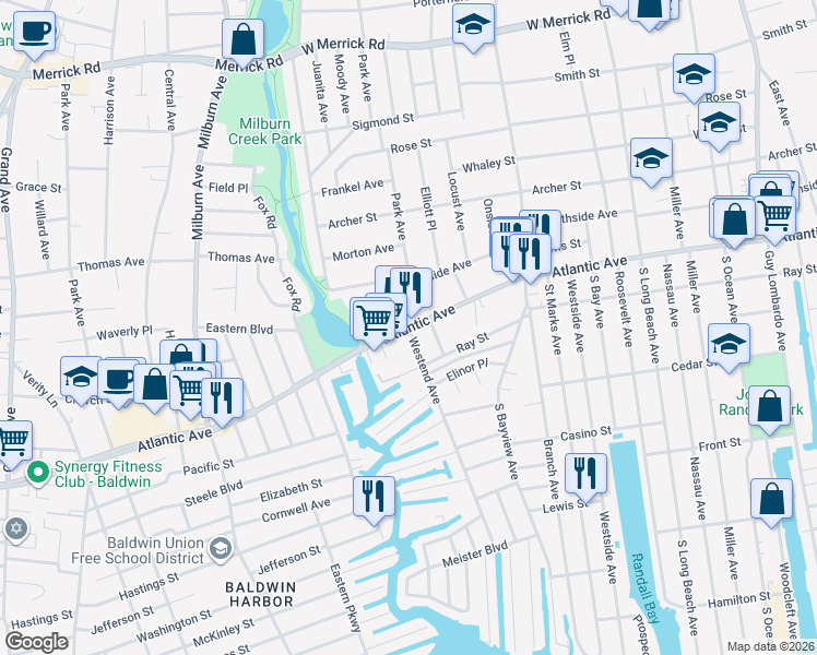 map of restaurants, bars, coffee shops, grocery stores, and more near Atlantic Avenue & Westend Avenue in Freeport