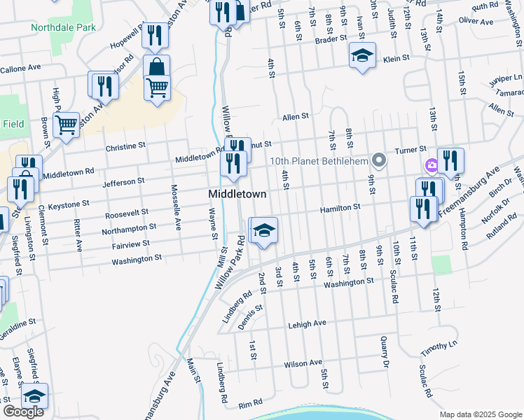 map of restaurants, bars, coffee shops, grocery stores, and more near 1908 2nd Street in Bethlehem