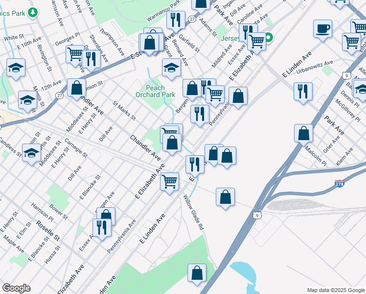 map of restaurants, bars, coffee shops, grocery stores, and more near 1100-1316 Pennsylvania Avenue in Linden