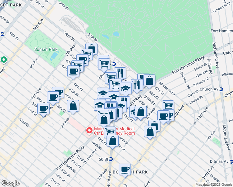 map of restaurants, bars, coffee shops, grocery stores, and more near 1039 42nd Street in Brooklyn