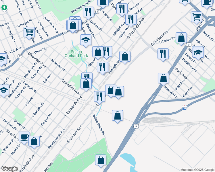 map of restaurants, bars, coffee shops, grocery stores, and more near 1401-1499 Pennsylvania Avenue in Linden