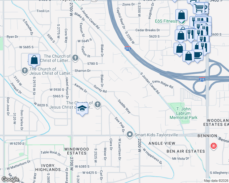 map of restaurants, bars, coffee shops, grocery stores, and more near 2571 West Surrey Road in Salt Lake City