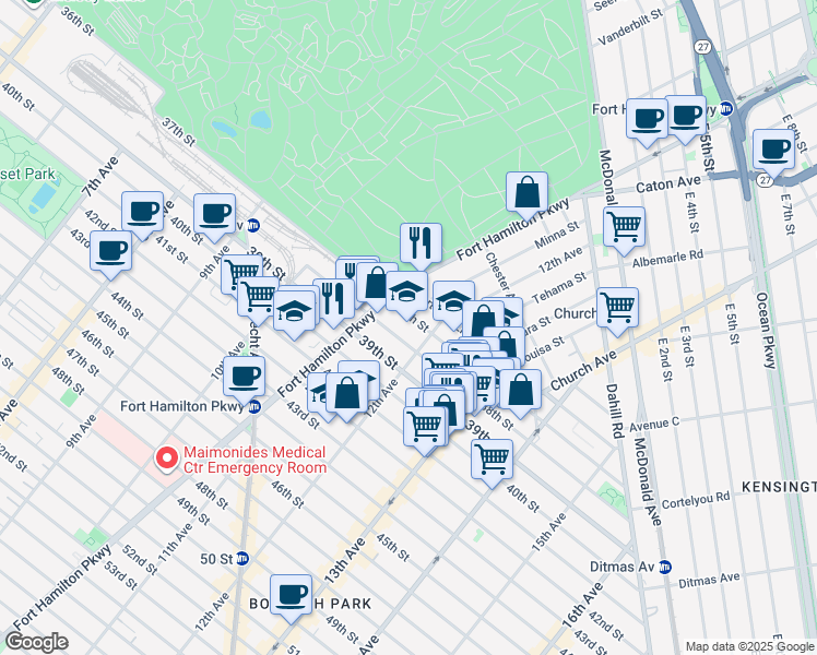 map of restaurants, bars, coffee shops, grocery stores, and more near 1149 38th Street in Brooklyn