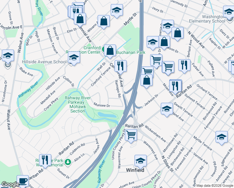 map of restaurants, bars, coffee shops, grocery stores, and more near 11 Ramapo Road in Cranford