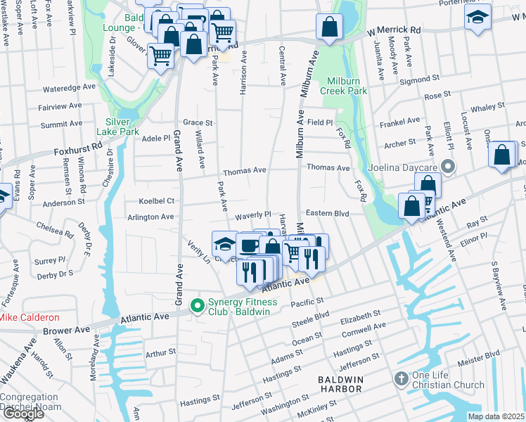 map of restaurants, bars, coffee shops, grocery stores, and more near 2700 Central Avenue in Baldwin