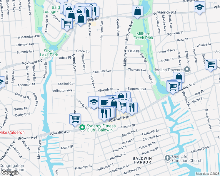 map of restaurants, bars, coffee shops, grocery stores, and more near 2700 Central Avenue in Baldwin