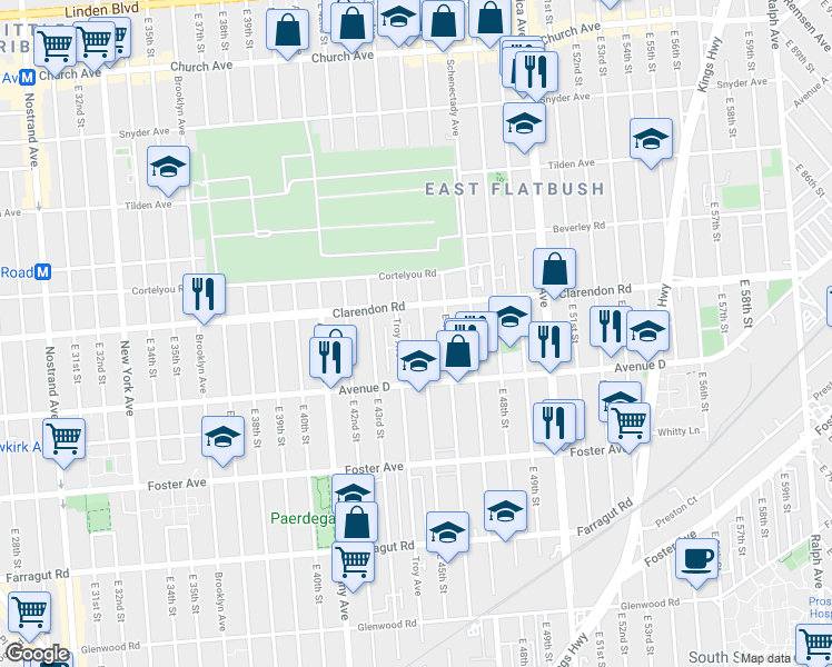 map of restaurants, bars, coffee shops, grocery stores, and more near 4410 Clarendon Road in Brooklyn