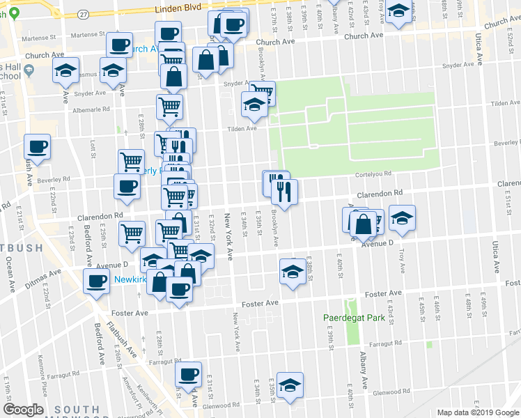map of restaurants, bars, coffee shops, grocery stores, and more near 456 East 35th Street in Brooklyn