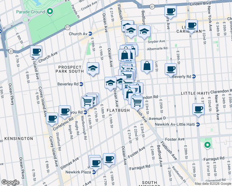 map of restaurants, bars, coffee shops, grocery stores, and more near Ocean Avenue & Cortelyou Road in Brooklyn