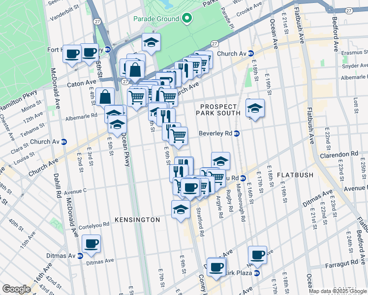 map of restaurants, bars, coffee shops, grocery stores, and more near 576 Coney Island Avenue in Brooklyn