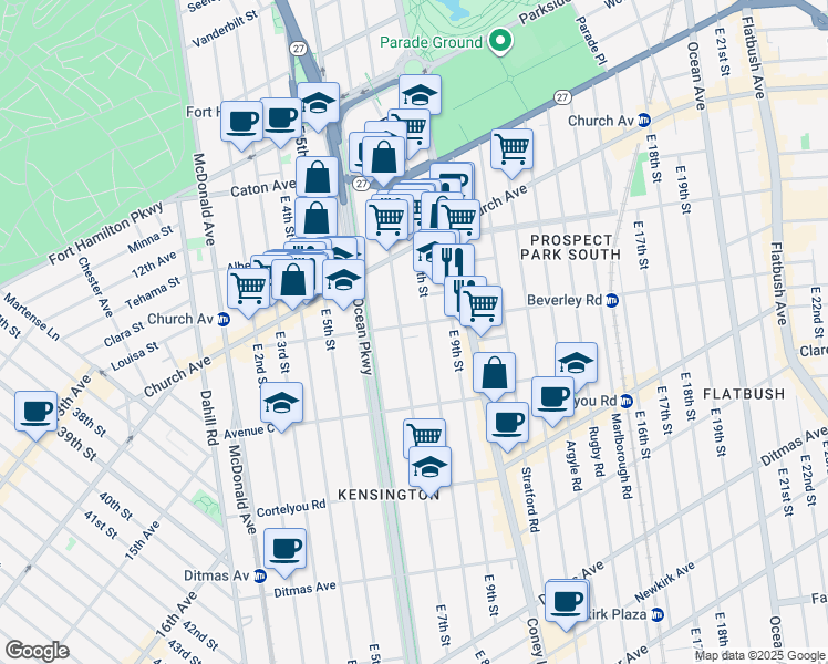 map of restaurants, bars, coffee shops, grocery stores, and more near 327 East 7th Street in Brooklyn