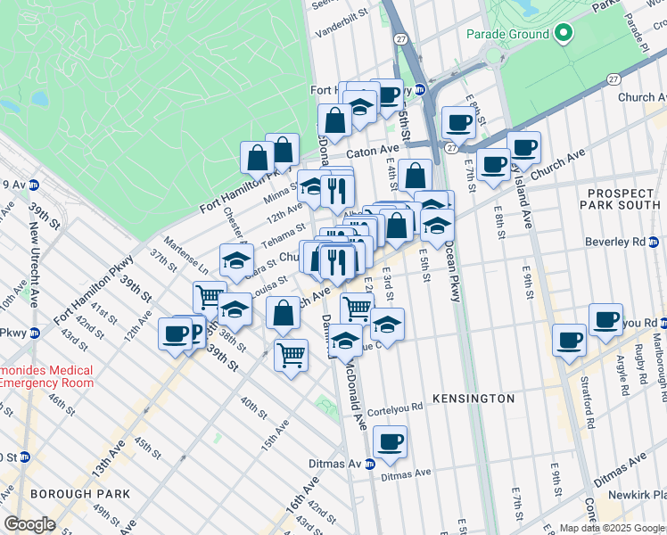 map of restaurants, bars, coffee shops, grocery stores, and more near 412 McDonald Avenue in Brooklyn