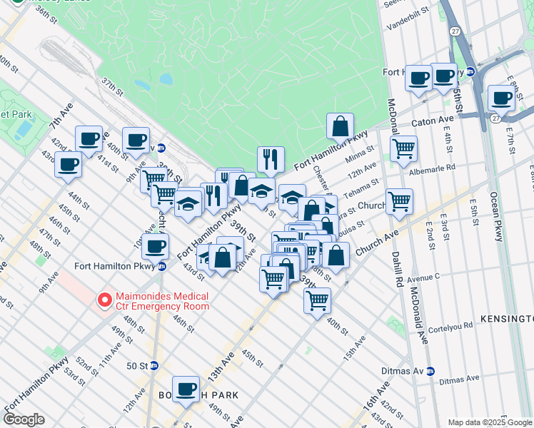 map of restaurants, bars, coffee shops, grocery stores, and more near 1128 36th Street in Brooklyn