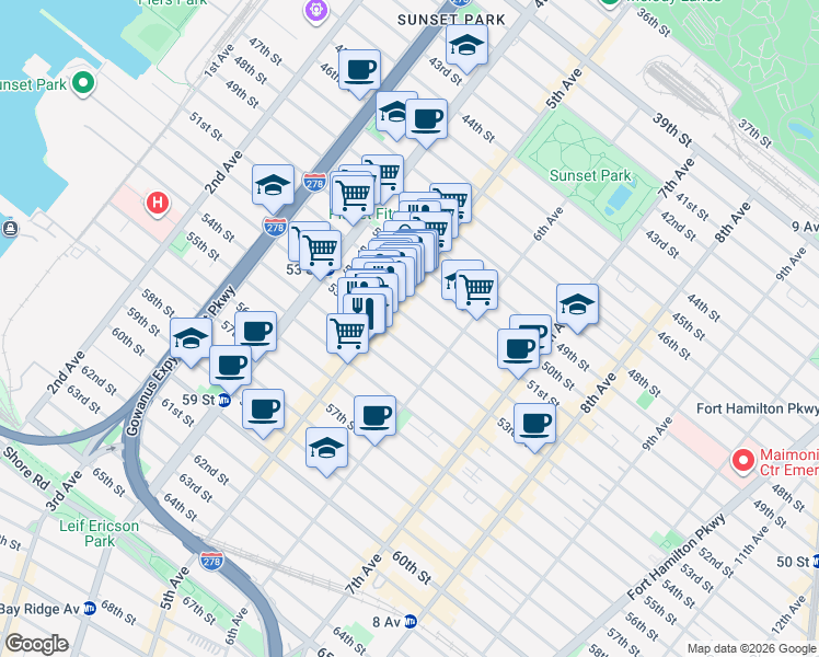 map of restaurants, bars, coffee shops, grocery stores, and more near 5200-5298 5th Avenue in Brooklyn