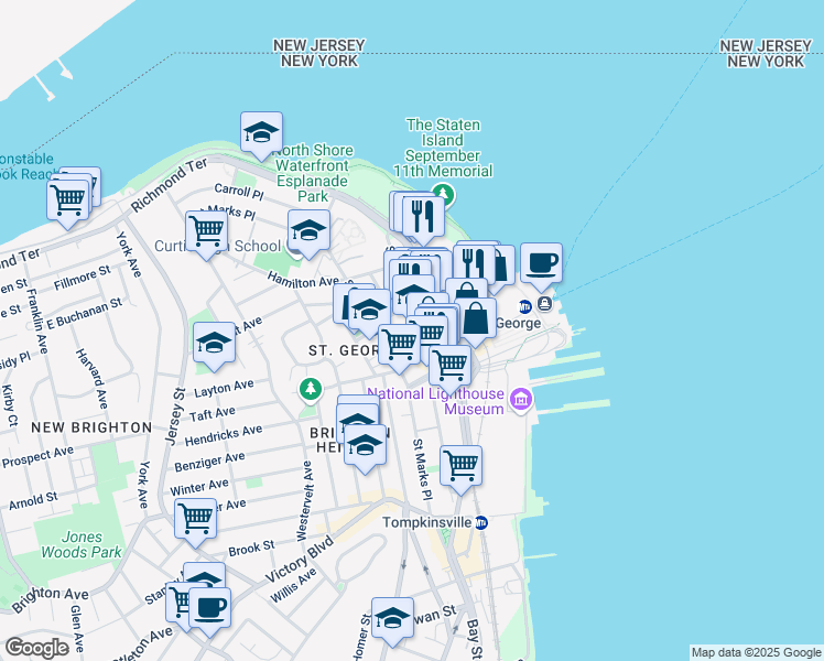 map of restaurants, bars, coffee shops, grocery stores, and more near 87 Stuyvesant Place in Staten Island