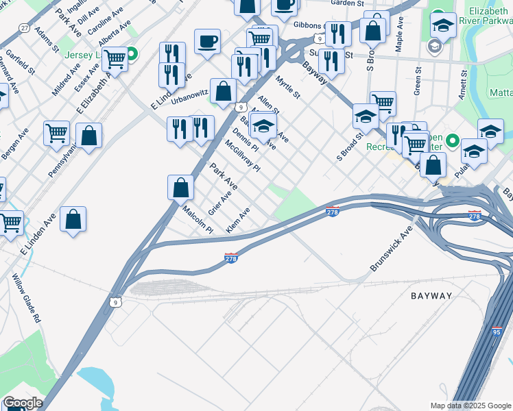 map of restaurants, bars, coffee shops, grocery stores, and more near 849 McCandless Place in Linden