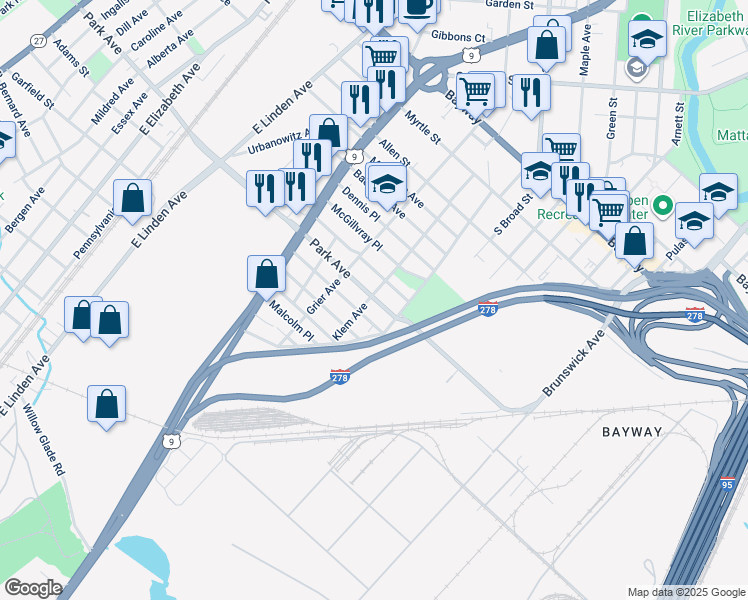 map of restaurants, bars, coffee shops, grocery stores, and more near 849 McCandless Place in Linden